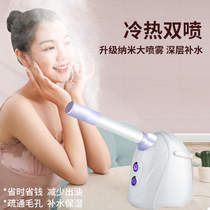 Hot and cold spray steamer face water replenishing with wet cosmetic instrument essential oil and fruit and vegetable incense lying on home hery pores