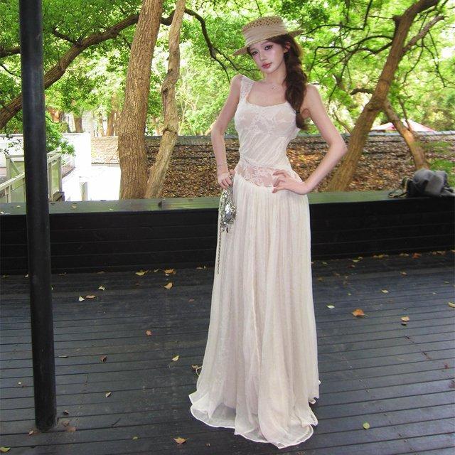 Purely Alluring Mature Lady Style Summer Dress in Apricot Color with Lace, Elegant and High-End Feel, Slim Fit, Backless Long Dress