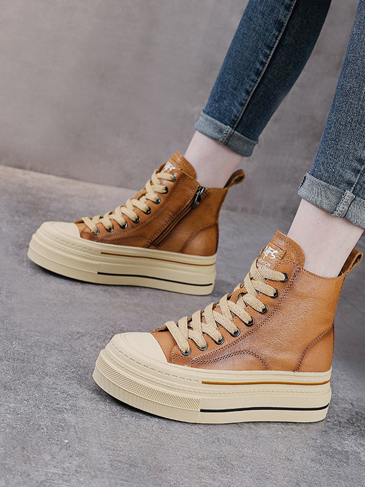 Retro First-Layer Cowhide High-Top Shoes for Women 2026 Autum Genuine Leather Thick-Soled Casual Shoes Preppy Style Fashion Sneakers