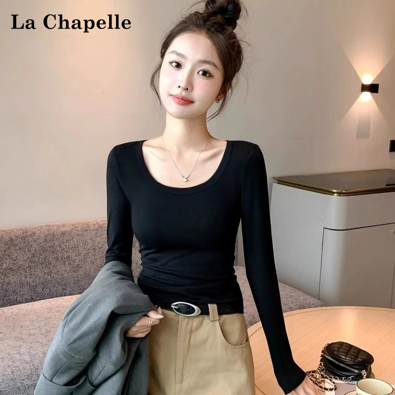 La Chapelle Black Base Layer Shirt for Women, Autumn and Winter 2026 New Round Neck Long-Sleeve T-Shirt, Slim Fit Pure Cotton Top