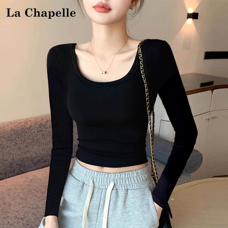 La Chapelle Black Short Long-Sleeve T-Shirt for Women, Inner Layer Base Shirt for Spring, Autumn, and Winter, Pure Cotton, Stylish Crop Top