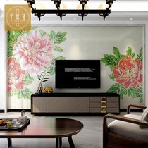 Chinese style glass mosaic tile TV background wall puzzle parquet film and TV wall decoration mural living room peony