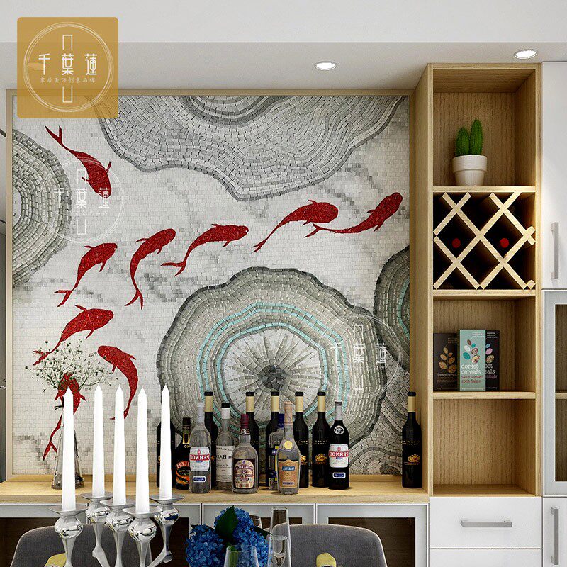 Light luxury mosaic wall tile scissors New Chinese puzzle puzzle picture of nine fish picture fresco decoration painting