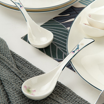 Tangshan bone China long handle small soup spoon Porcelain spoon Gold Chinese lotus pony Ge spoon Ceramic spoon Bone China spoon