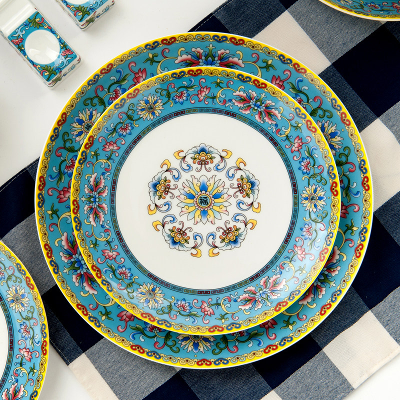 Gold Lan jade Tangshan Bone China Porcelain Tableware Home Palace Chinese enamel Enamel Color Pendulum Table Bowl and Banquet Banquet for a large bowl of Birthday Bowl