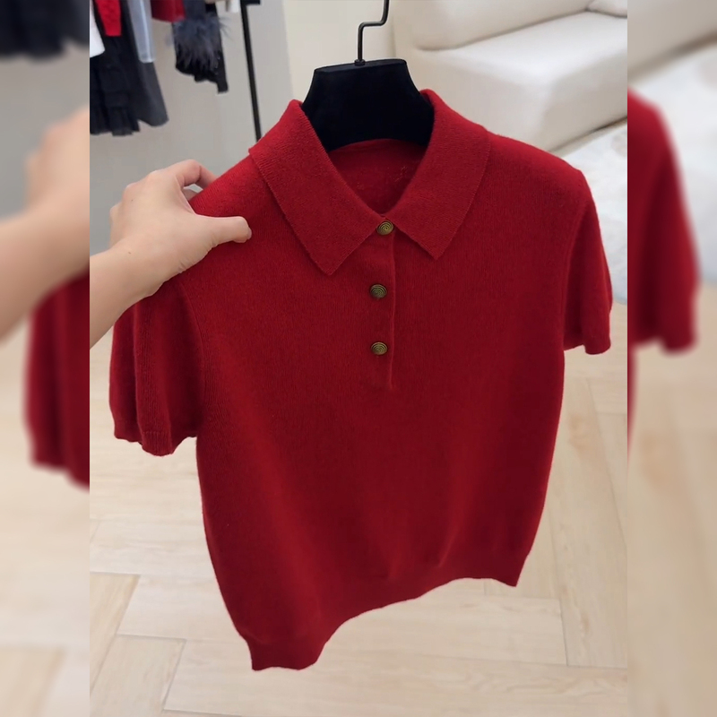 Red Polo Collar Short-Sleeved Knitwear for Women, Spring and Summer Lapel Sweater, 2026 New Style, High-End, Elegant and Slimming Top