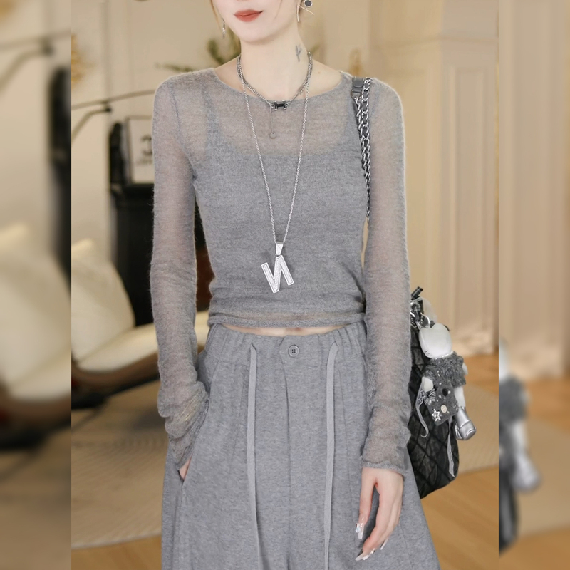 Gray Semi-Sheer Thin Knit T-Shirt for Women, Summer Long-Sleeve Blouse, 2026 New Style, Elegant Slim-Fit Hollow-Out Top
