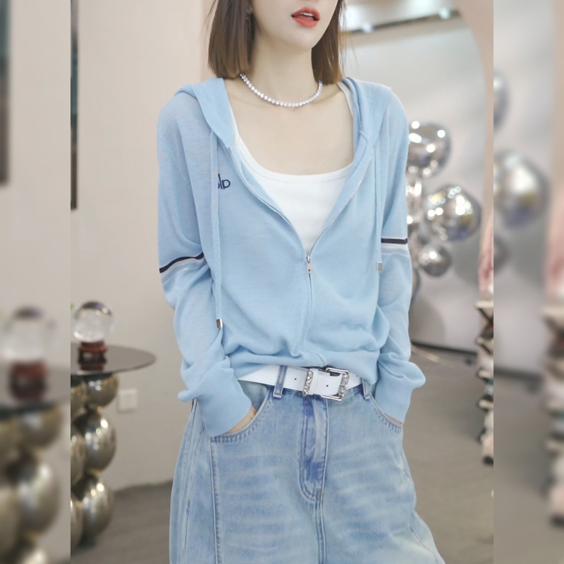 Blue Thin Hooded Sun Protection Knitwear for Women, Summer Zipper Cardigan, 2026 New Style, Lazy Loose Blouse Top