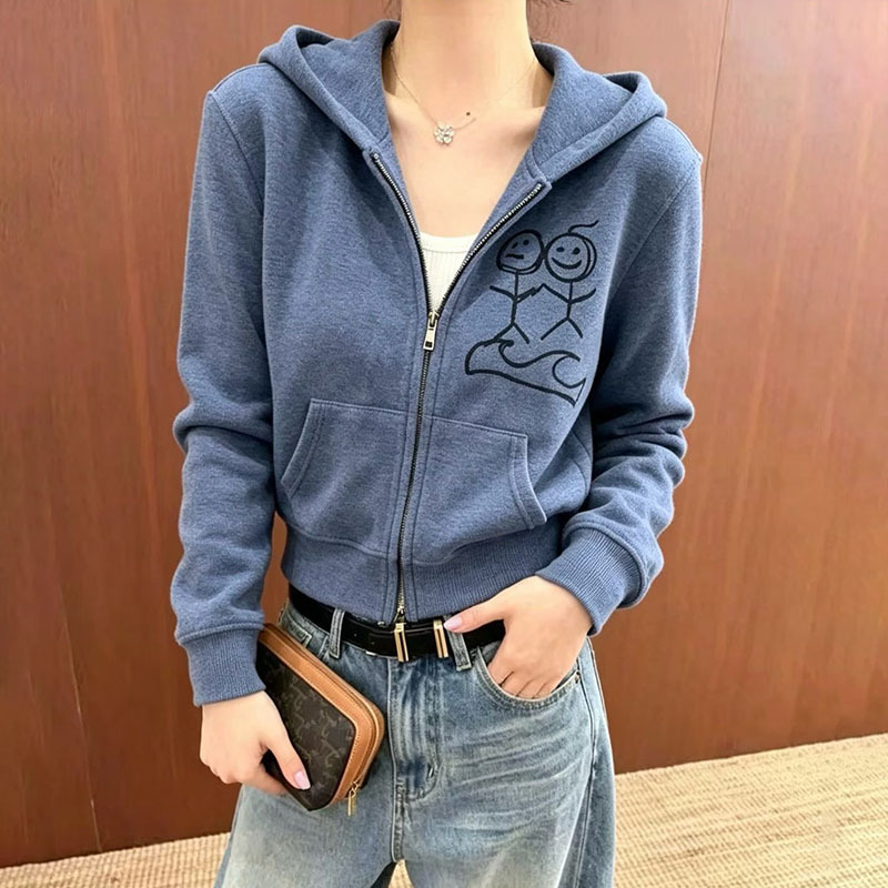 Cartoon Smiley Face Stickman Hooded Zipper Sweatshirt for Women, Autumn 2026 New Style, Loose Fit, Slimming Casual Short Jacket Trend Cartoon Smiley Face Stickman Hooded Zipper Sweatshirt for Women, Autumn 2026 New Style, Loose Fit, Slimming Casual Short Jacket Trend