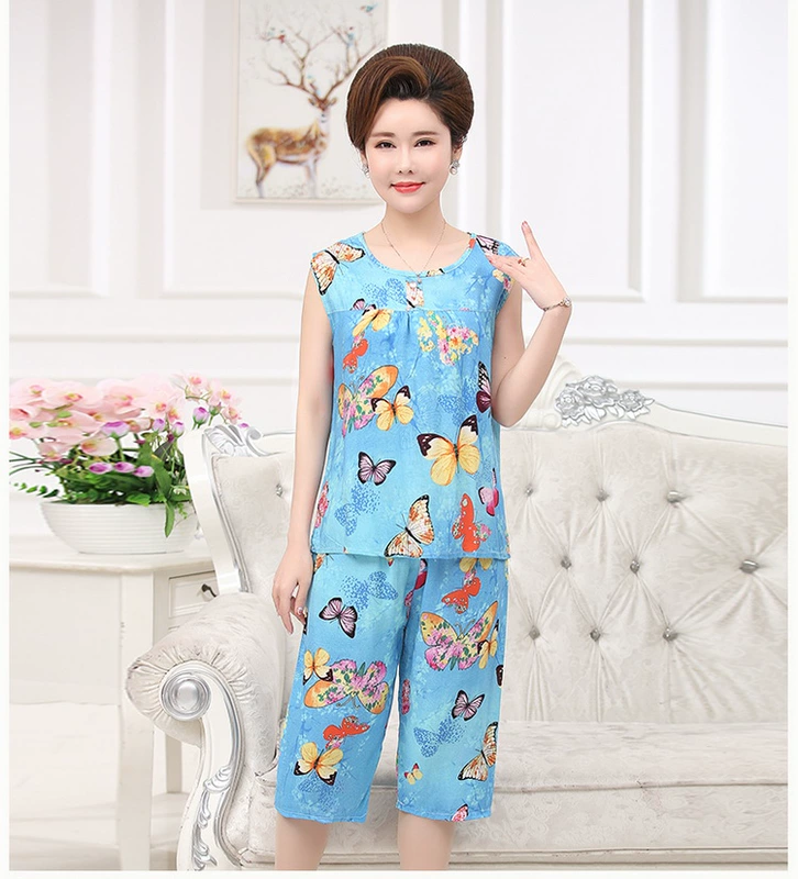 Mẹ nạp mùa hè cotton lụa không tay phù hợp với trung niên của phụ nữ kích thước lớn đồ ngủ nhân tạo cotton dịch vụ nhà hai mảnh những kiểu áo đẹp dành cho tuổi trung niên