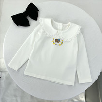 Korean style girls autumn and winter tops 90-150 size baby girl pure cotton retro lapel pure cotton bottoming shirt