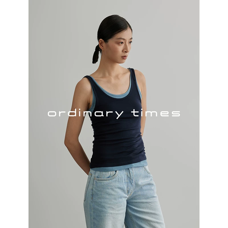 [ORDINARY TIMES 天丝撞色背心外穿修身显瘦真两件式叠穿无袖上衣]