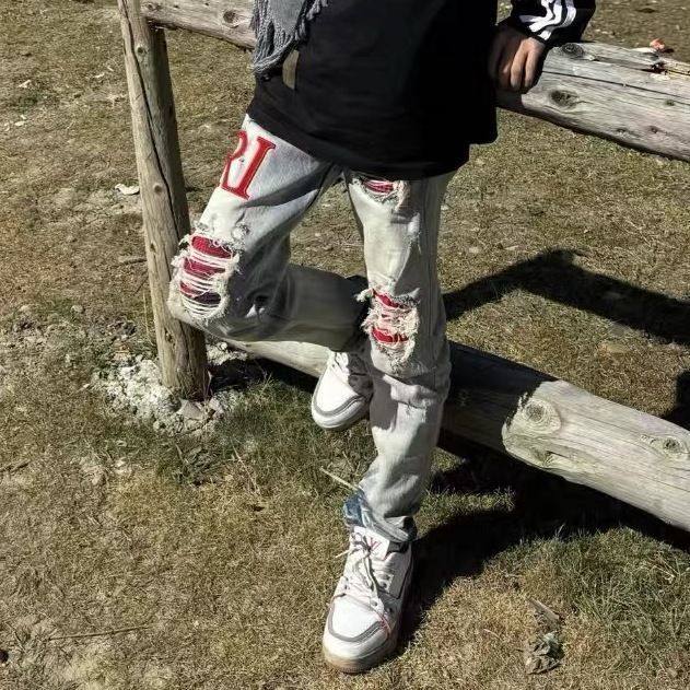 Высококачественные рваные джинсы в стиле ретро с заплатками, мужская весенне-осенняя модная брендовая детская одежда, повседневные универсальные длинные брюки зауженного кроя