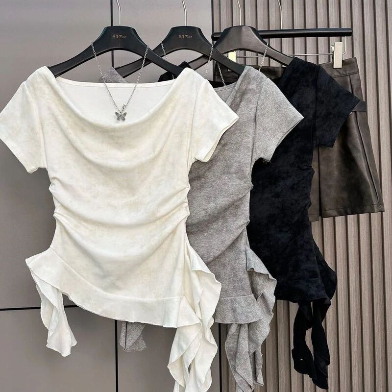 American-Style Ruffled Collar 3D Short-Sleeve T-Shirt for Women, 2025 Summer Tie-Dye Irregular Design, Ruffled Top for Older Children American-Style Ruffled Collar 3D Short-Sleeve T-Shirt for Women, 2025 Summer Tie-Dye Irregular Design, Ruffled Top for Older Children