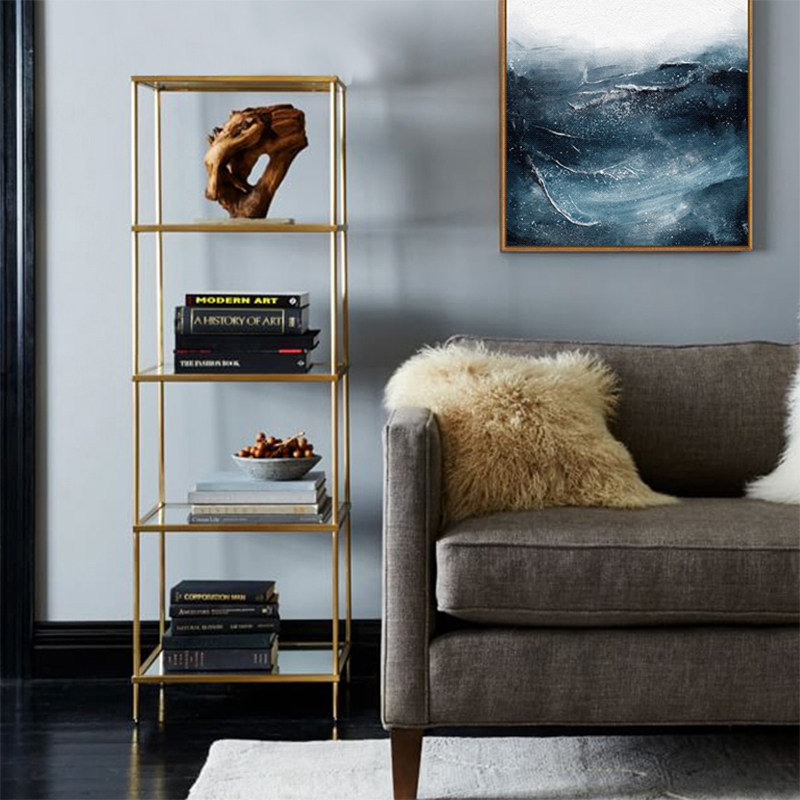 Nordic minimalist cosmetics storage shelf modern display cabinet floor rack wrought iron golden glass shelf