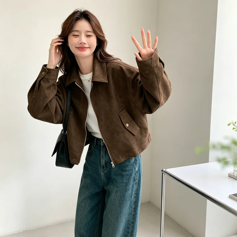 Melard Brown Jacket, Trendy Spring and Autumn Retro Faux Suede Versatile Design, Short Style for Petite Figures, Top Jacket Melard Brown Jacket, Trendy Spring and Autumn Retro Faux Suede Versatile Design, Short Style for Petite Figures, Top Jacket
