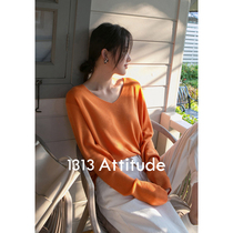 1313 orange V-neck long-sleeved wool sweater womens 2021 autumn and winter black loose bottoming pullover thin inner sweater