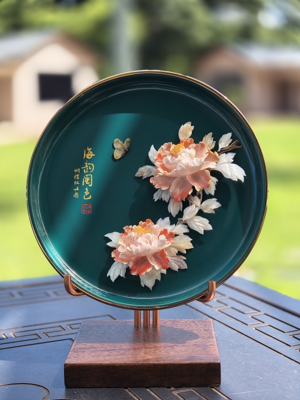 Xiwawa Home Decor Shell Carving Porcelain Plate Ornament New Chinese Style Living Room Study Decoration Craft Creative Shell Gift for Gifting
