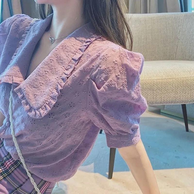 Summer Women's Clothing, French Sweet Style, Doll Collar, Purple Shirt, Puff Short Sleeves, Unique Design, Niche Chiffon Top