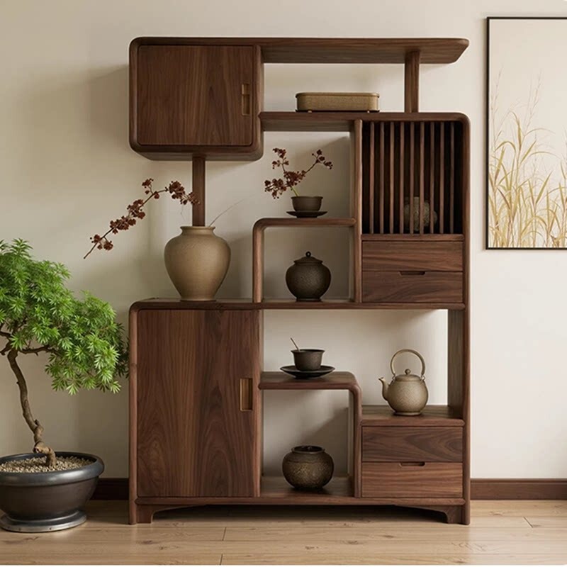 New Chinese-Style North American Black Walnut Wood Display Shelf, Solid Wood Multi-Purpose Cabinet, Song-Style Aesthetic Storage and Display Bookshelf