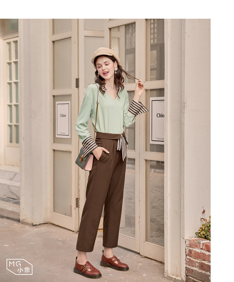 MG áo tim voi nữ thiết kế ý nghĩa đầu mùa thu mới lỏng lẻo quần thẳng giản dị V-cổ áo voan dài tay áo sơ mi nữ dài tay cá tính