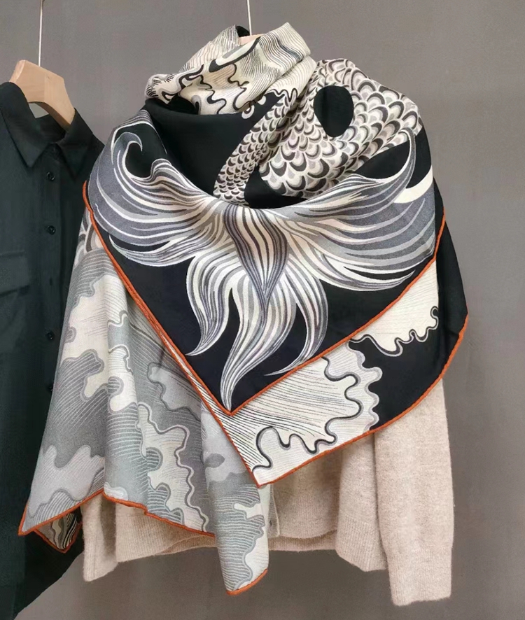 Siren Horse Grey Silk Wool Scarf Women's Autumn and Winter Silk Wool Large Square Warm Dual-Use Shawl Women