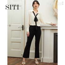 Siti Contrast color lace bow long sleeve lapel shirt beige temperament chiffon top 2020 spring and summer new women