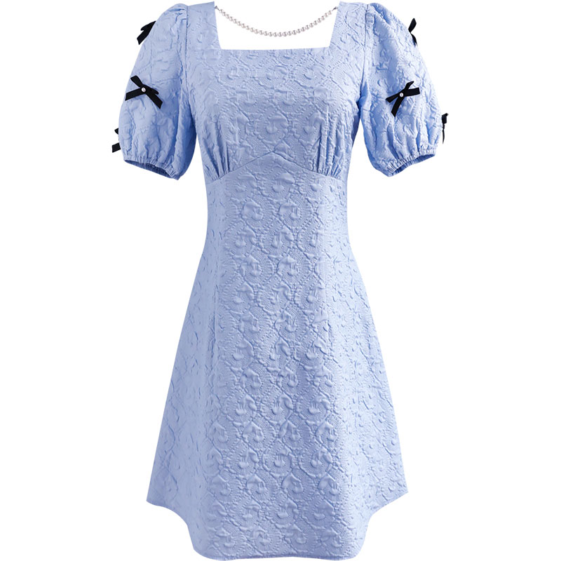 Water BlueBig pink doll first love Sweet Dress female French longuette summer Small square collar Princess Dress 2021 new pattern