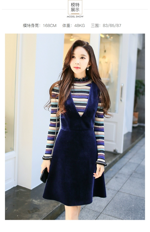 Pink Dabu Doll Winter Mới phiên bản Hàn Quốc Navy Blue V-cổ khí chất eo eo áo dài đầm công sở