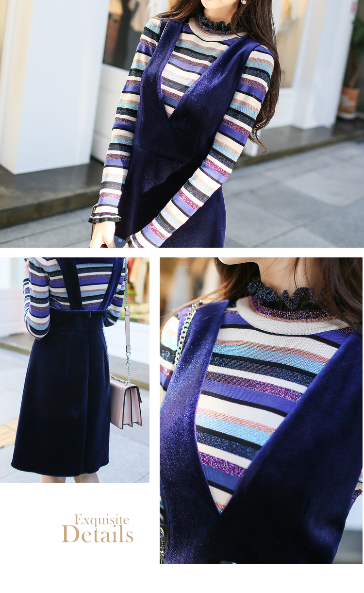 Pink Dabu Doll Winter Mới phiên bản Hàn Quốc Navy Blue V-cổ khí chất eo eo áo dài đầm xòe
