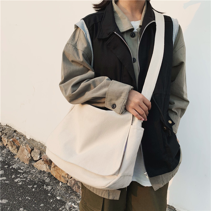 Canvas Crossbody Bag for Men ins Japanese Harajuku Style Large Capacity College Student Women's Trendy Wide Strap Simple Literary Shoulder Bag