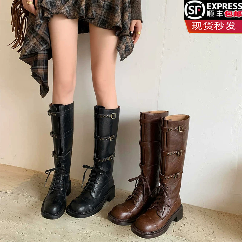 Cowhide ~ Melard Lace-Up High-Top Riding Boots for Women, New Spring/Summer Genuine Leather Vintage Distressed Belt Buckle Long Boots Cowhide ~ Melard Lace-Up High-Top Riding Boots for Women, New Spring/Summer Genuine Leather Vintage Distressed Belt Buckle Long Boots