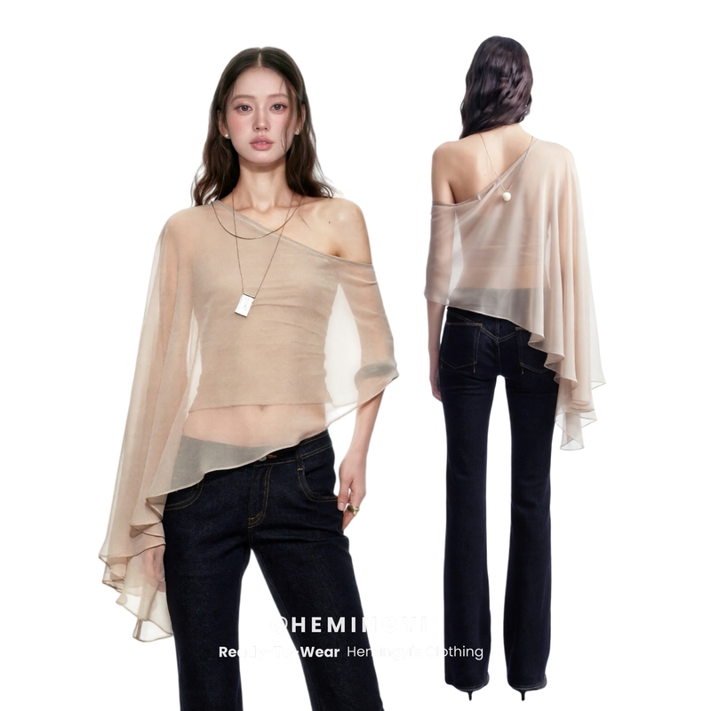 In Stock Hmy Asymmetrical Off-Shoulder Chiffon Top for Women, Summer Fake Two-Piece Cape with Flutter Sleeves, Off-Shoulder Apricot Blouse In Stock Hmy Asymmetrical Off-Shoulder Chiffon Top for Women, Summer Fake Two-Piece Cape with Flutter Sleeves, Off-Shoulder Apricot Blouse