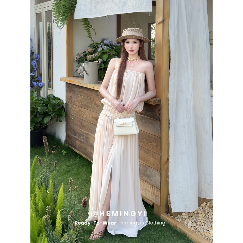 Hemingyi Sunset Dune Summer Strapless Drawstring Sequin Waist-Cinching Dress with a Flared Hem and Elegant Design