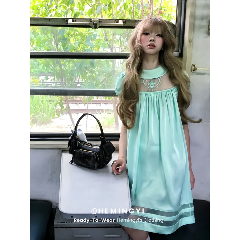 Now Hemingyi Has a Mint Green Sweet Girl Puff Sleeve Doll Dress with a Unique Design Featuring Mesh Embroidery and Satin Fabric