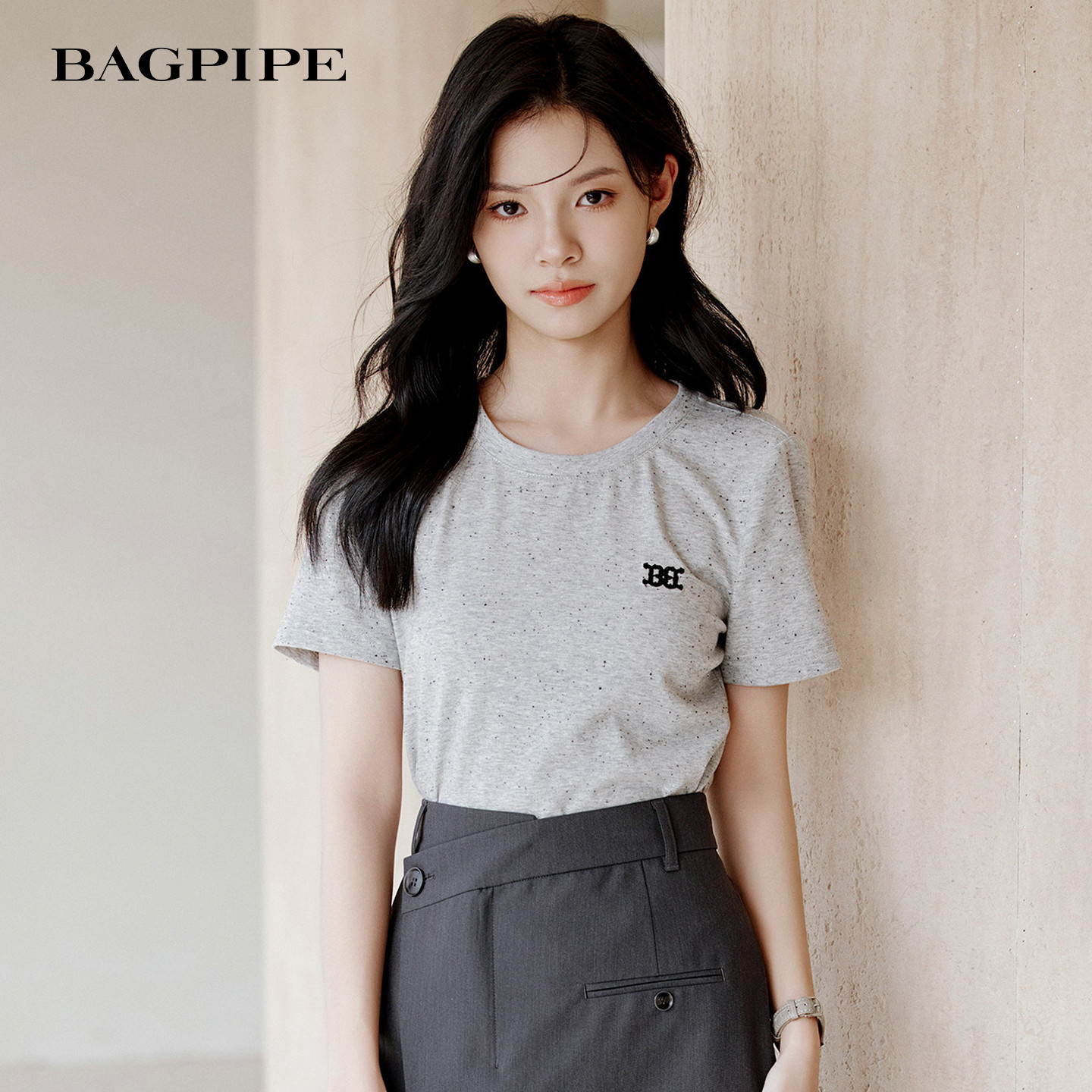 バグパイプ 2026 夏新作 軽量 半袖 レディース ラウンドネック プルオーバー シンプル Tシャツ カジュアル コットン ソフト ストレッチ 快適 トップス