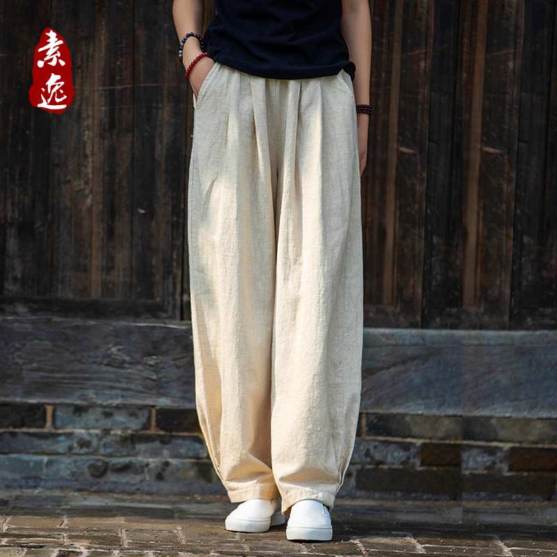 2025 Autumn and Winter High-End Cotton and Linen Zen-Style Artistic Loose Slimming Casual Long Pants Women's Linen Lantern Pants Tai Chi Pants