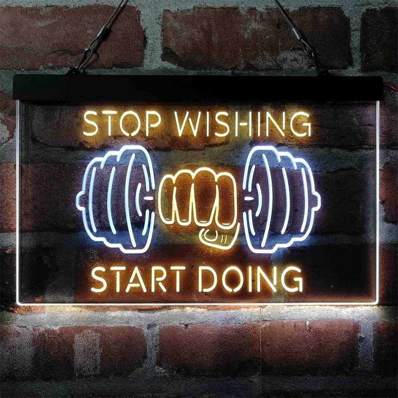 Gym Led Neon Light Guide Sign Engraved Acrylic Luminous Hanging Sign Dumbbell Neon Hanging Light Sign