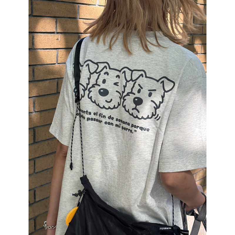 Oakup Original [Love Dog Print T-Shirt] Unisex Loose Fit Heavyweight Medium-Thick Pure Cotton Short Sleeve