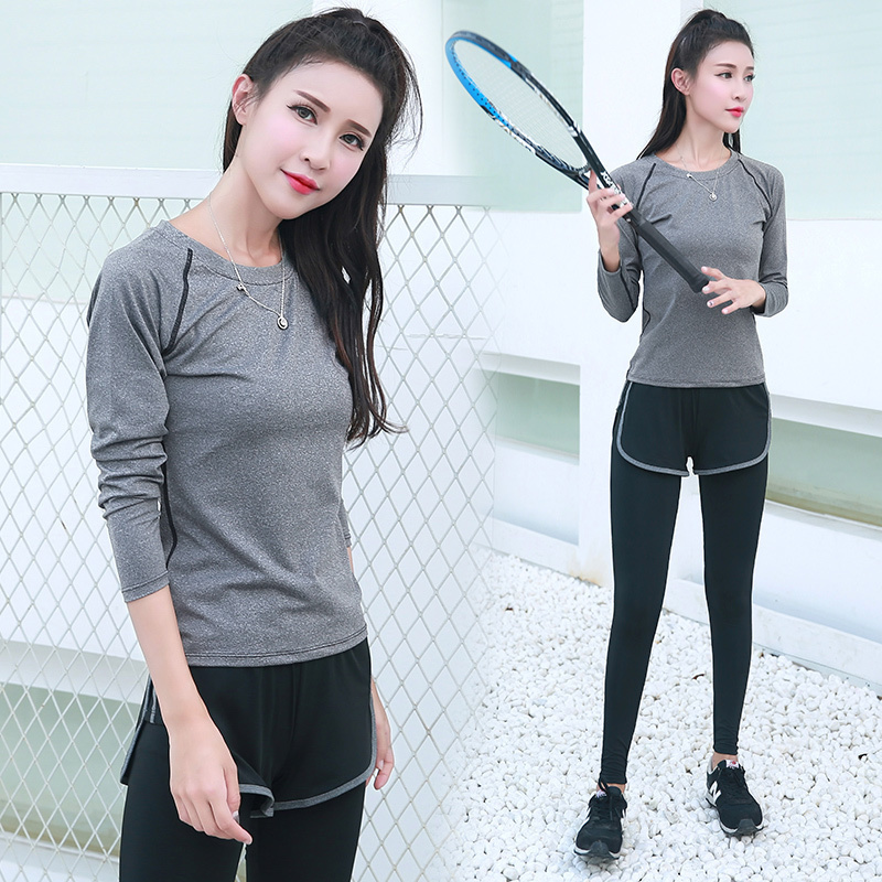 Autumn yoga suit suit women's long-sleeved top fake two-piece pants Quick-drying outdoor sports fitness clothes fat MM large size women