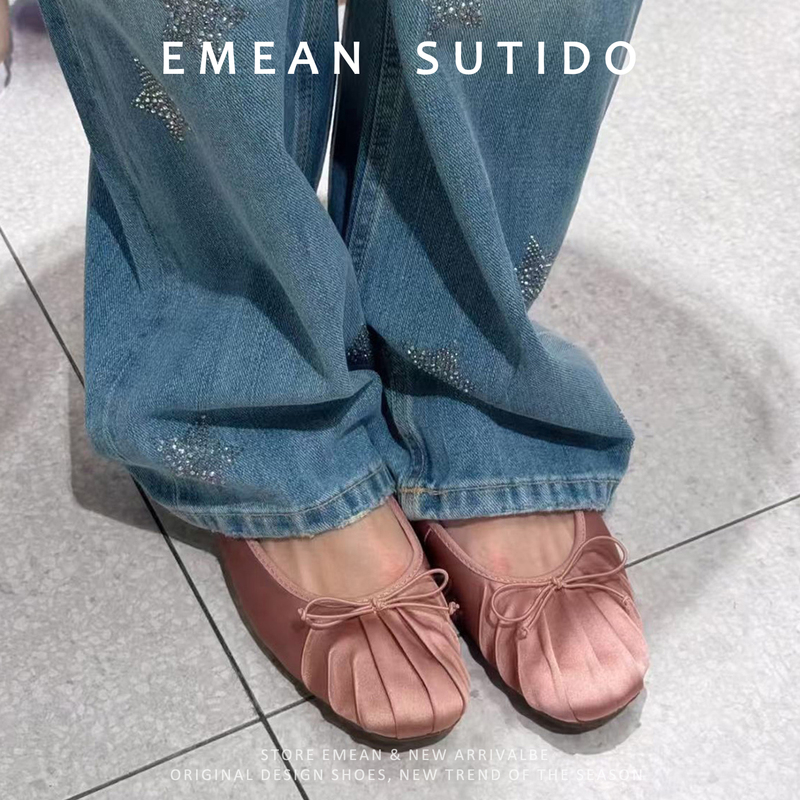 French Bow Pleated Ballet Shoes for Women 2026 Spring New Style Pink Satin Round Toe Flats Gentle Shoes