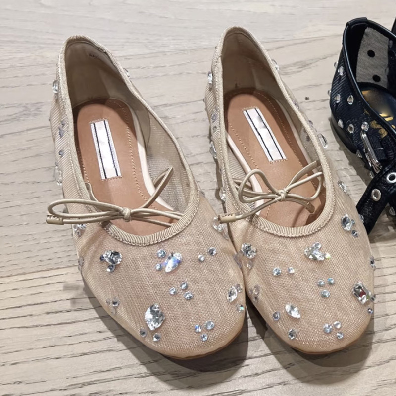 Mesh Rhinestone Mary Jane Shoes for Women 2026 Summer New Breathable Bow Flat Ballet Shoes Shallow Single Shoes