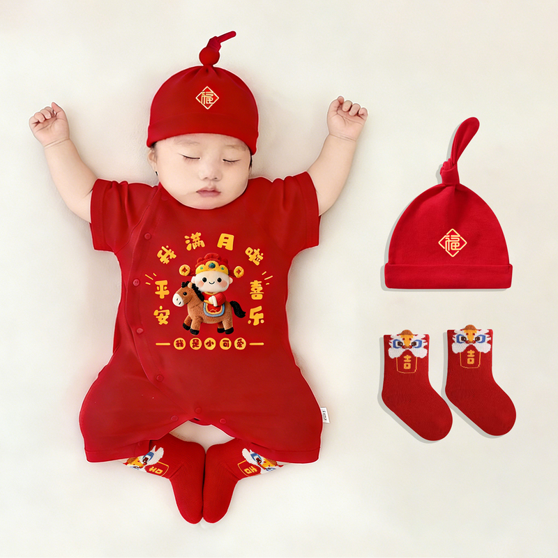 Summer Short-Sleeved Baby Side-Opening Red Jumpsuit for One-Month-Old, One-Year-Old, and 100-Day-Old Babies, Festive Red Pure Cotton Crawling Outfit
