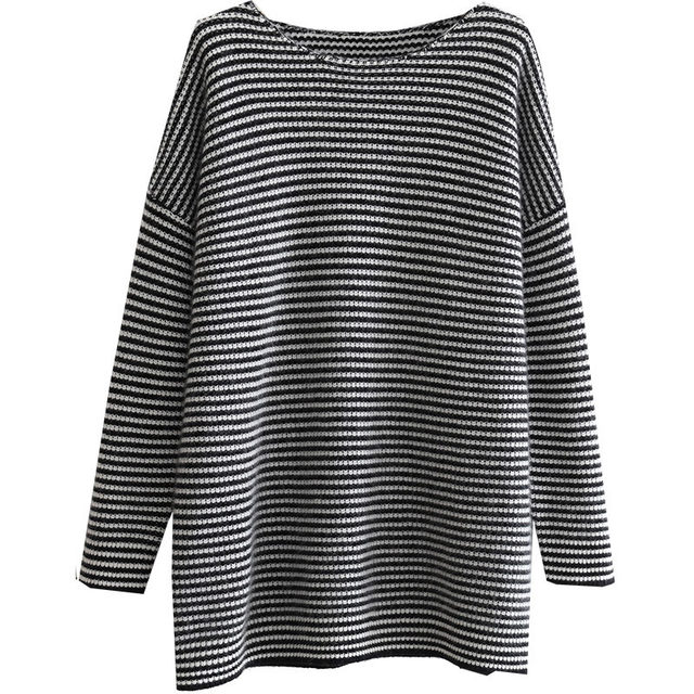 ເສື້ອຢືດ cashmere striped ສີດໍາແລະສີຂາວສໍາລັບແມ່ຍິງ, sweater ຄໍຮອບວ່າງ, sweater ຂະຫນາດໃຫຍ່ສໍາລັບແມ່ຍິງ, cardigan pullover