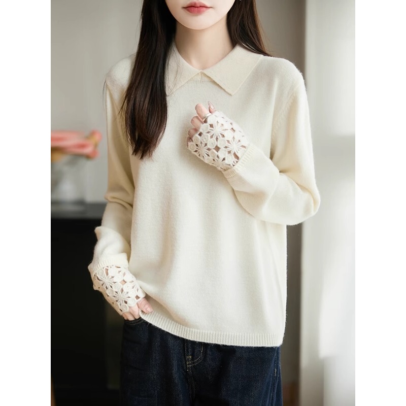 Elegant White Lace-Up Jacquard Sweater with a Unique Design and Stylish Polo Doll Collar for Women, Suitable as an Inner Layer