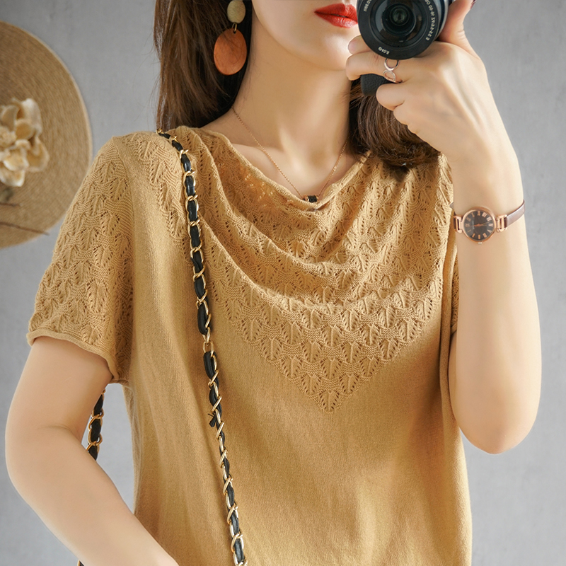 Summer pure cotton round collar hollowed-out half sleeve T-shirt woman 20 new loose pure color cotton linen boat collar short sleeve tether jacket