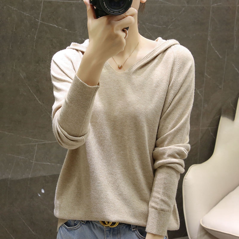 New 2025 Autumn and Winter Thin Women's V-Neck Wool Hoodie Loose Pullover Slimming Base Hooded Cashmere Sweater