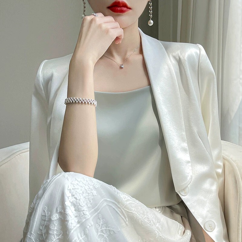 Off-The-Shoulder Women's Camisole Summer Suit Inner Layer Satin Silk Vest Jacquard Acetate Silk White Top