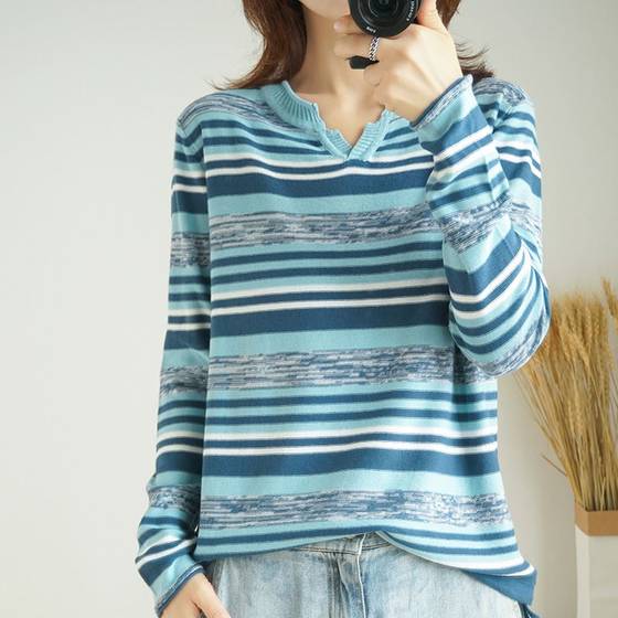 Cotton linen Korean women's long-sleeved spring and autumn new loose 100% cotton striped fashion thin section knitted top bottoming shirt