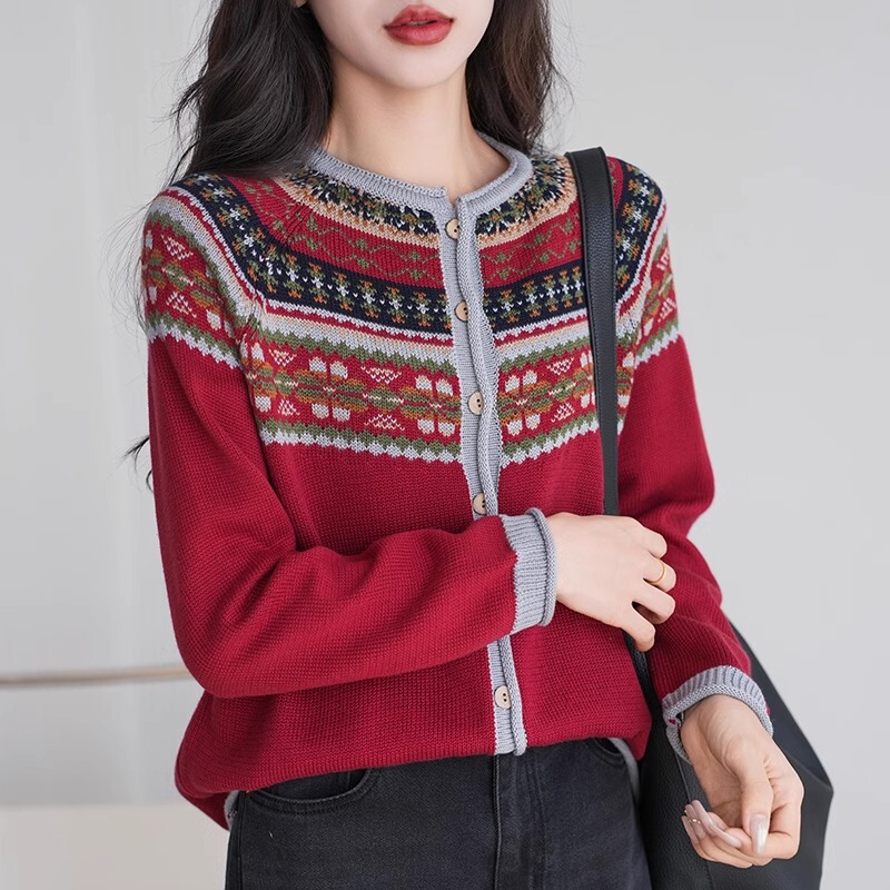 Retro Jacquard Cotton Knitted Cardigan for Women, Fair Isle Contrasting Color Loose Sweater Jacket, Spring & Fall Pure Cotton Long Sleeves